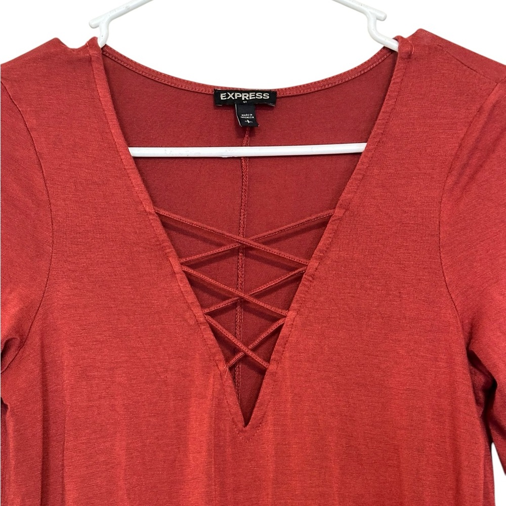 Express Burnt Orange Criss Cross V-Neck Long Sleeve Mini Dress | Size Small NWOT - Picture 3 of 5